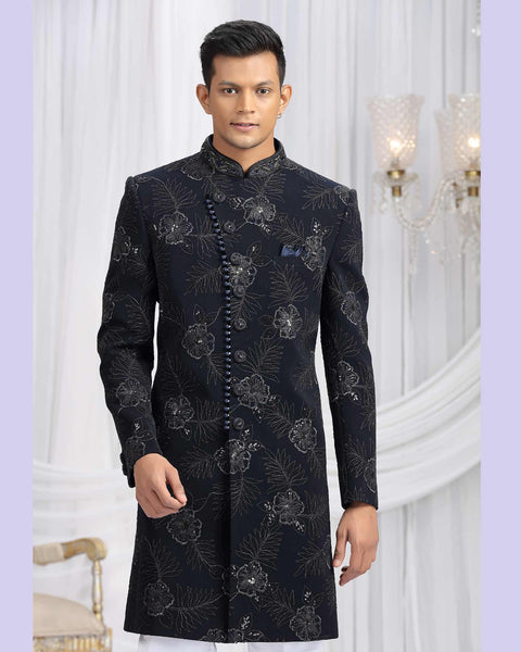 Navy Blue & Off White Art Silk Groom Sherwani Set For Men