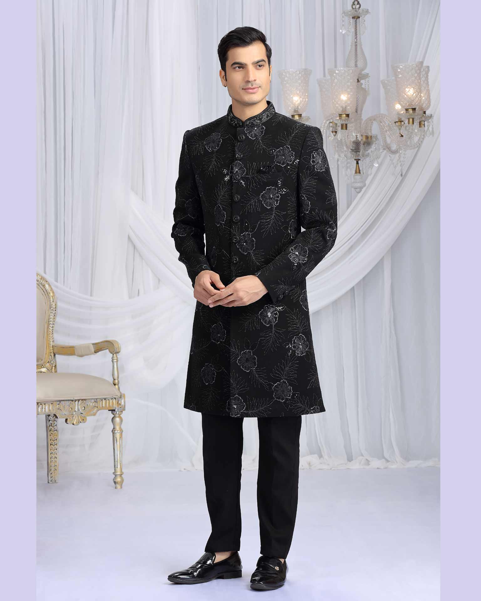 Black Art Silk Groom Sherwani Set For Men