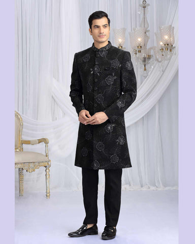 Black Art Silk Groom Sherwani Set For Men