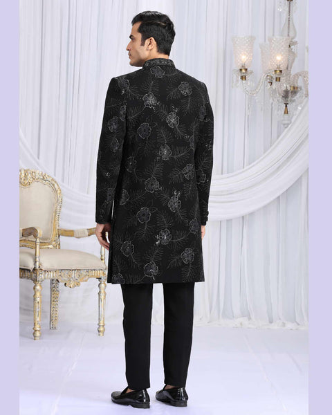 Black Art Silk Groom Sherwani Set For Men