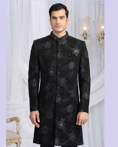 Black Art Silk Groom Sherwani Set For Men