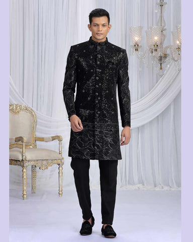 Black Art Silk Groom Sherwani Set For Men