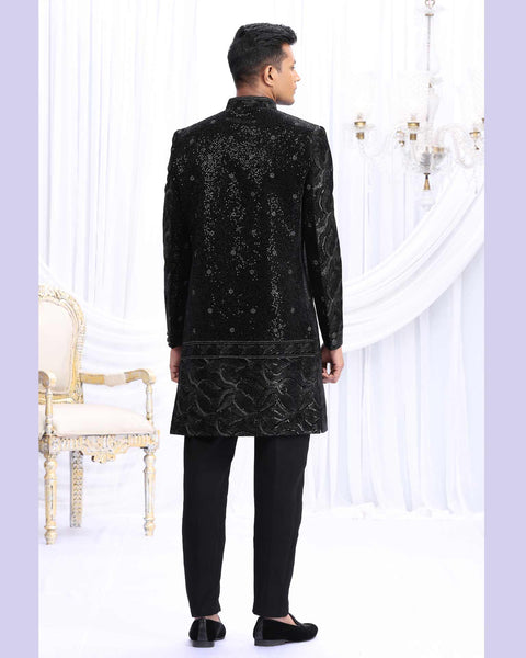 Black Art Silk Groom Sherwani Set For Men