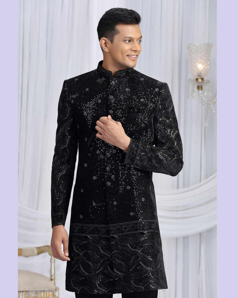 Black Art Silk Groom Sherwani Set For Men