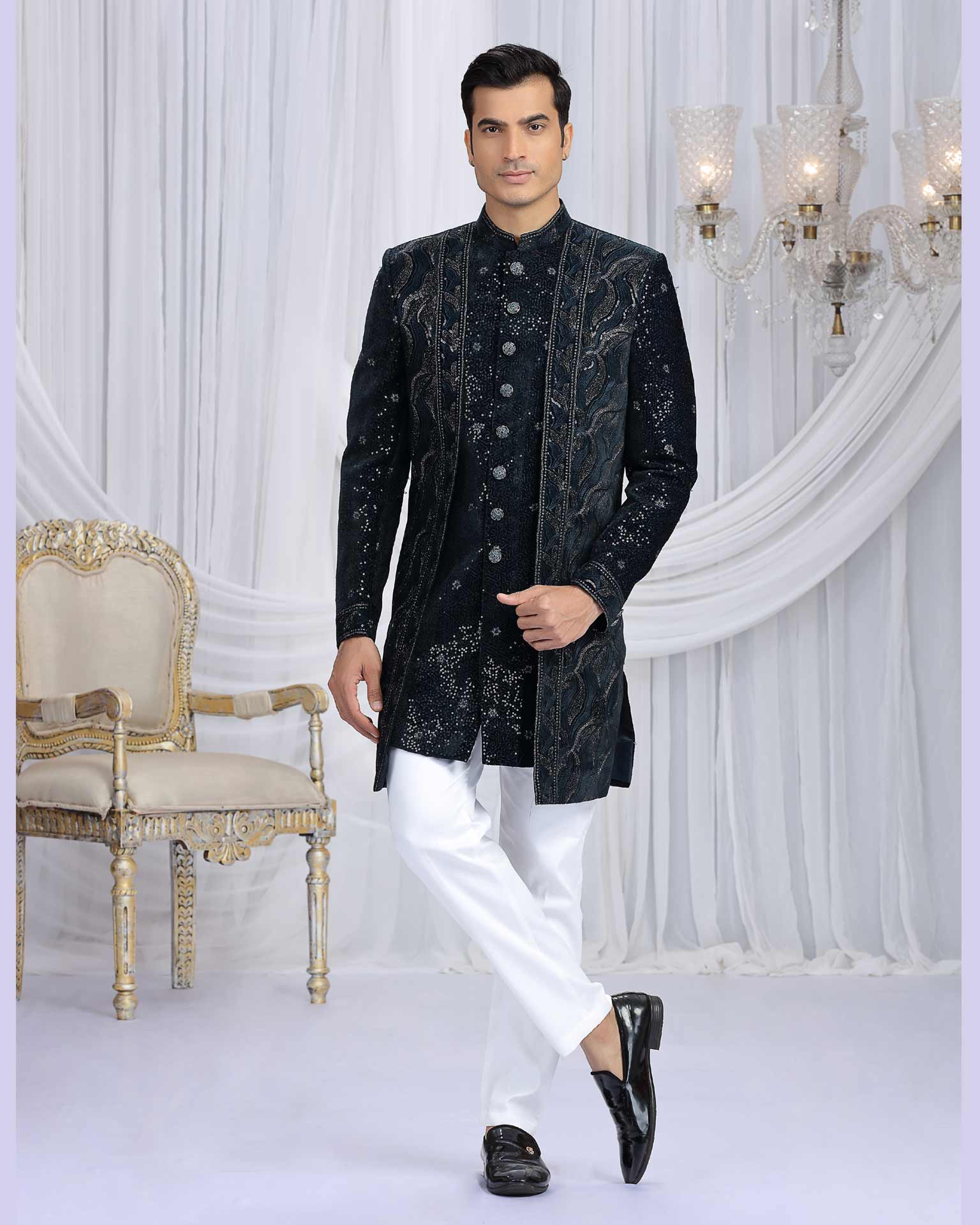 Dark Teal Green & Off White Velvet Silk Groom Indowestern Sherwani Set For Men