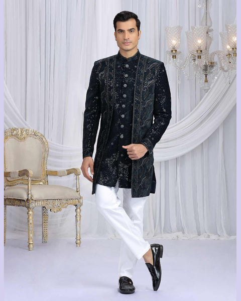 Dark Teal Green & Off White Velvet Silk Groom Indowestern Sherwani Set For Men