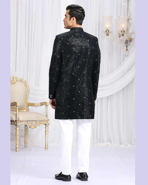 Dark Teal Green & Off White Velvet Silk Groom Indowestern Sherwani Set For Men