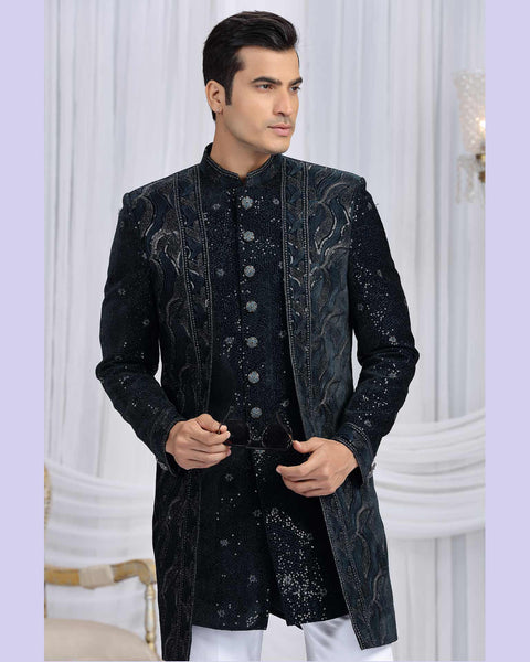 Dark Teal Green & Off White Velvet Silk Groom Indowestern Sherwani Set For Men