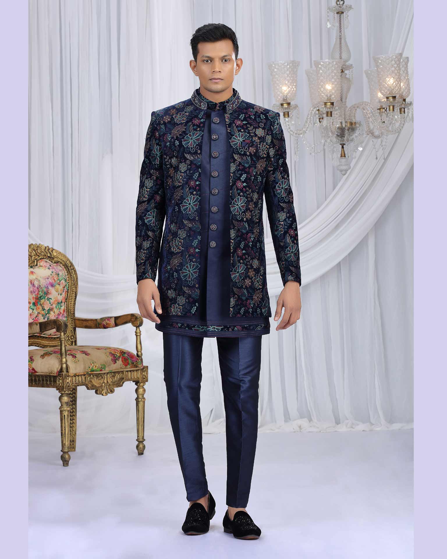 Navy Blue Velvet Silk Groom Sherwani Set For Men With Jacket