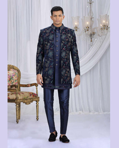 Navy Blue Velvet Silk Groom Sherwani Set For Men With Jacket