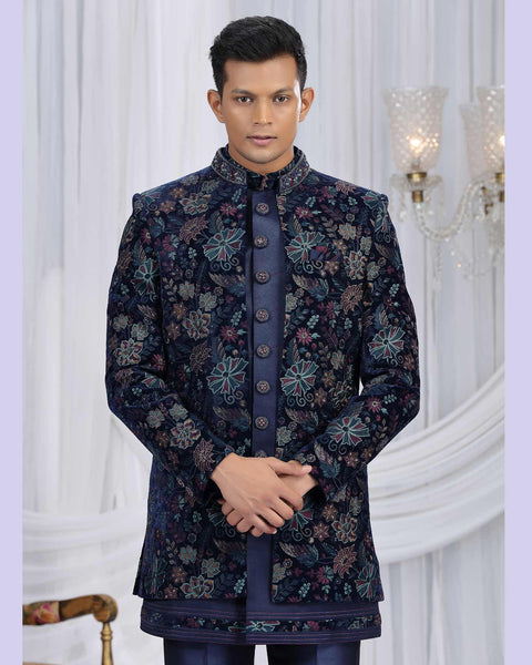 Navy Blue Velvet Silk Groom Sherwani Set For Men With Jacket