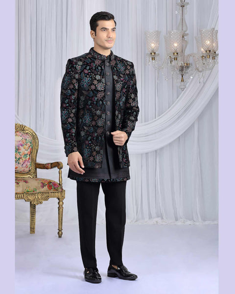 Black Velvet Silk Groom Sherwani Set For Men With Jacket