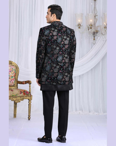 Black Velvet Silk Groom Sherwani Set For Men With Jacket