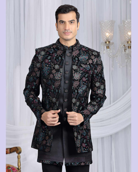 Black Velvet Silk Groom Sherwani Set For Men With Jacket