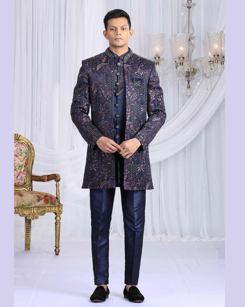 Navy Blue Velvet Silk Groom Sherwani Set For Men With Jacket