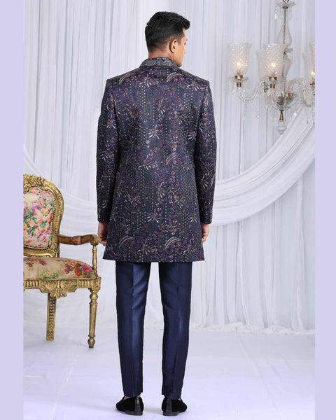 Navy Blue Velvet Silk Groom Sherwani Set For Men With Jacket
