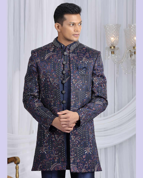 Navy Blue Velvet Silk Groom Sherwani Set For Men With Jacket