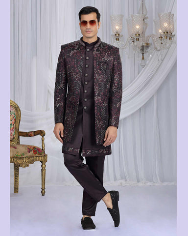 Wine Velvet Silk Groom Sherwani Set For Men With Jacket
