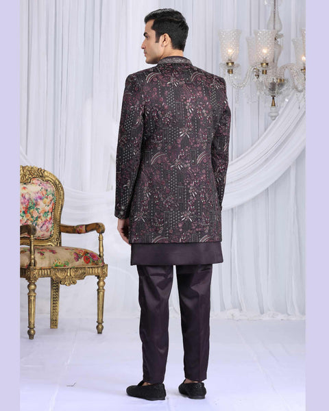 Wine Velvet Silk Groom Sherwani Set For Men With Jacket