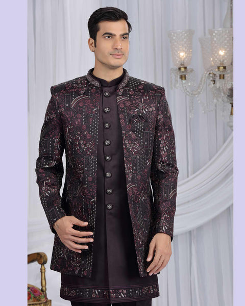 Wine Velvet Silk Groom Sherwani Set For Men With Jacket