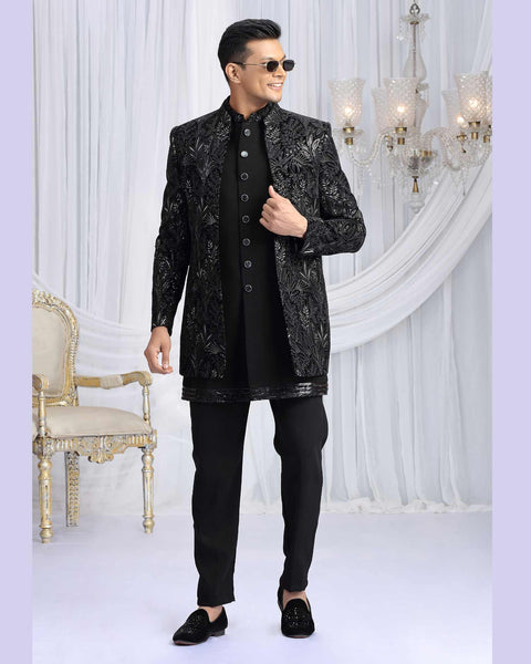 Black Velvet Silk Groom Sherwani Set For Men With Jacket