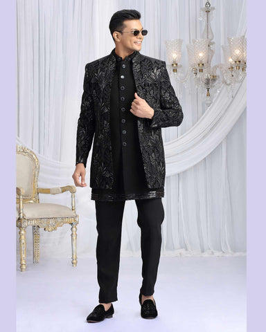 Black Velvet Silk Groom Sherwani Set For Men With Jacket