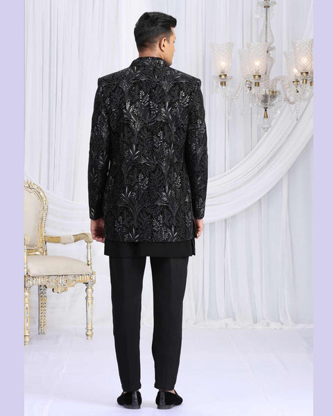 Black Velvet Silk Groom Sherwani Set For Men With Jacket