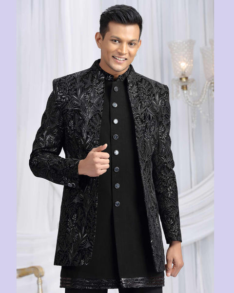 Black Velvet Silk Groom Sherwani Set For Men With Jacket