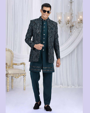 Teal Green Velvet Silk Groom Sherwani Set For Men With Jacket
