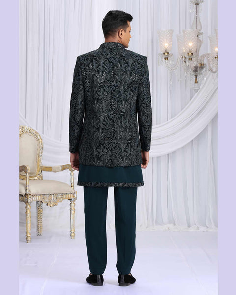 Teal Green Velvet Silk Groom Sherwani Set For Men With Jacket