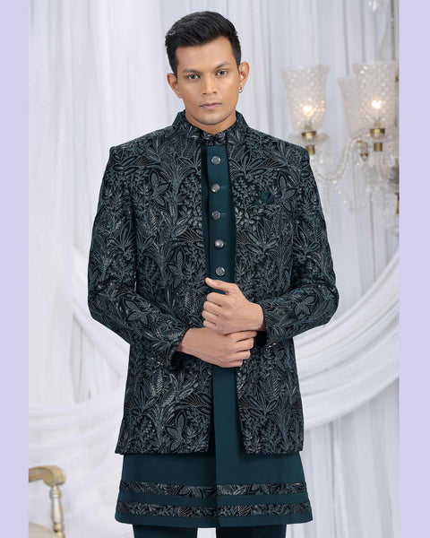 Teal Green Velvet Silk Groom Sherwani Set For Men With Jacket