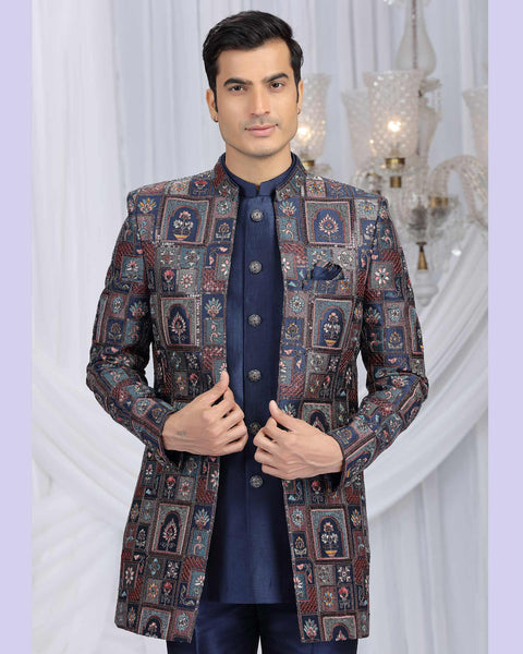 Navy Blue Art Silk Groom Sherwani Set For Men With Jacket