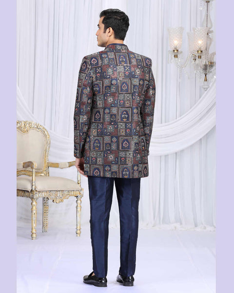 Navy Blue Art Silk Groom Sherwani Set For Men With Jacket