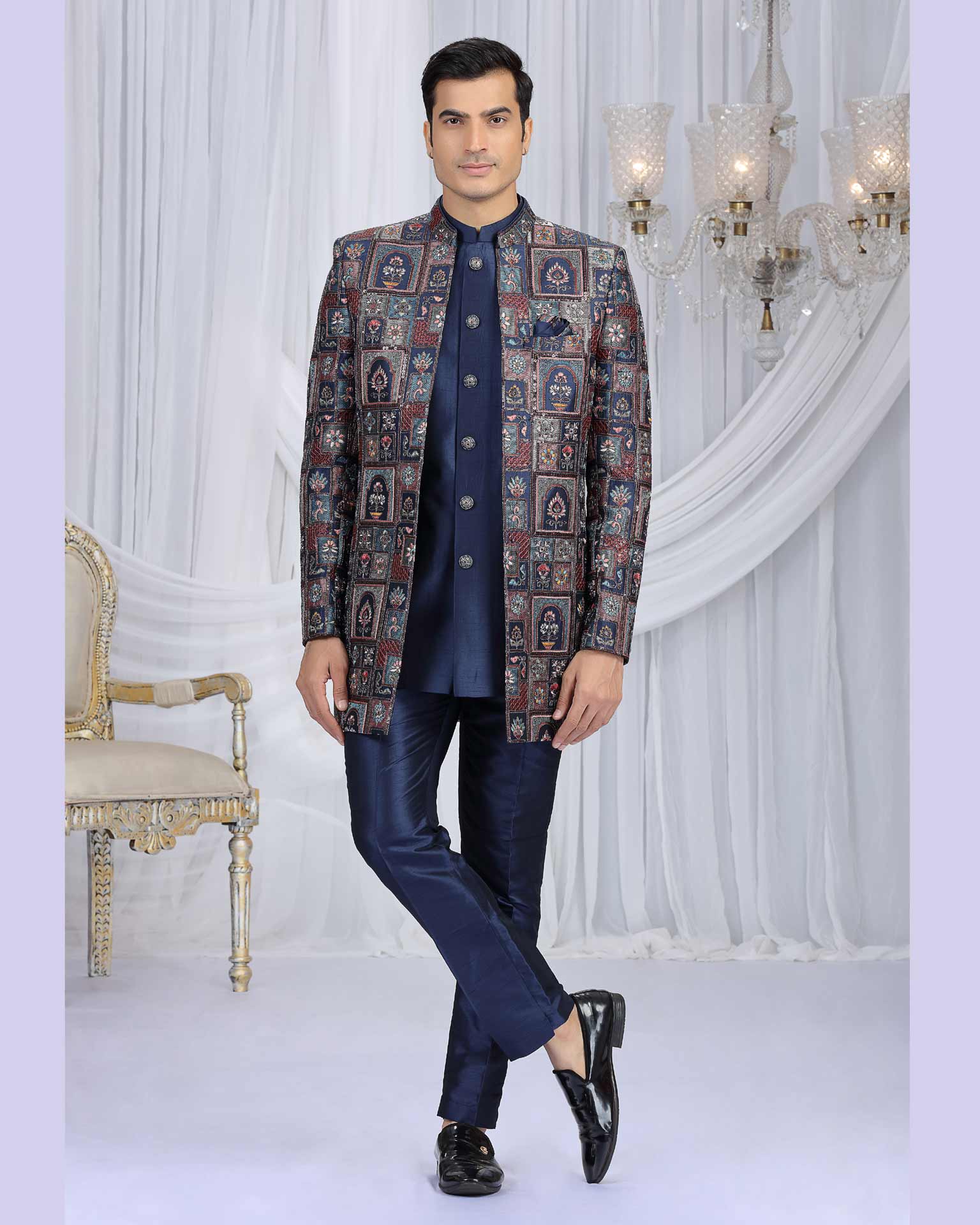 Navy Blue Art Silk Groom Sherwani Set For Men With Jacket