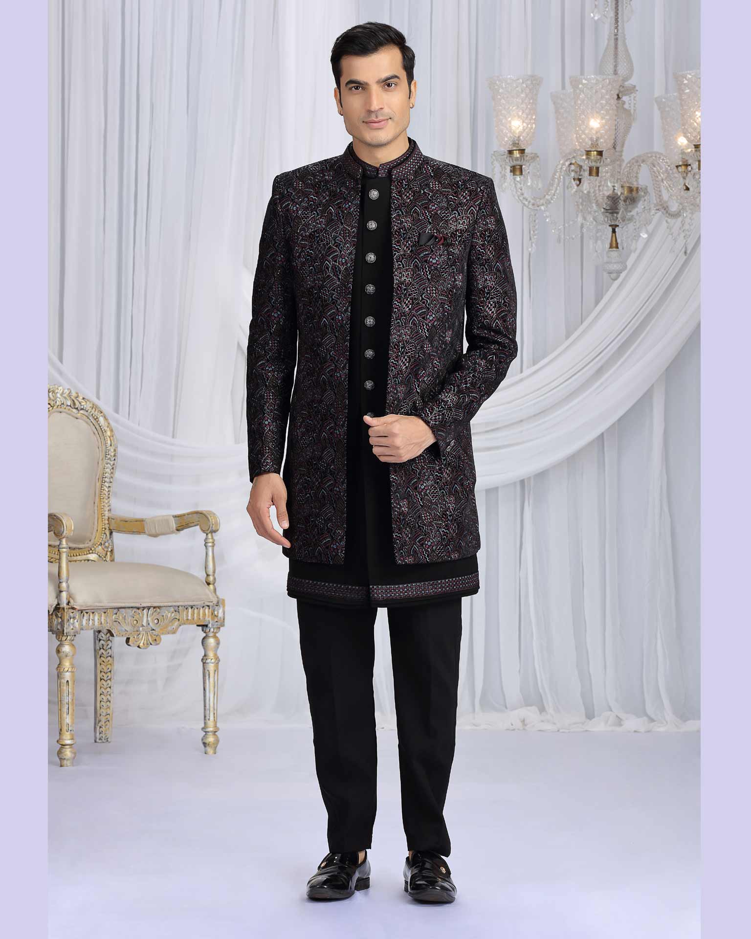 Black Velvet Silk Groom Sherwani Set For Men With Jacket