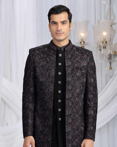 Black Velvet Silk Groom Sherwani Set For Men With Jacket
