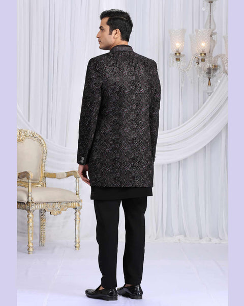 Black Velvet Silk Groom Sherwani Set For Men With Jacket