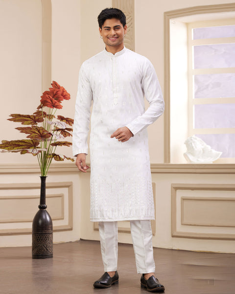 Off White Art Silk Embroidered Readymade Men Kurta Pajama Set