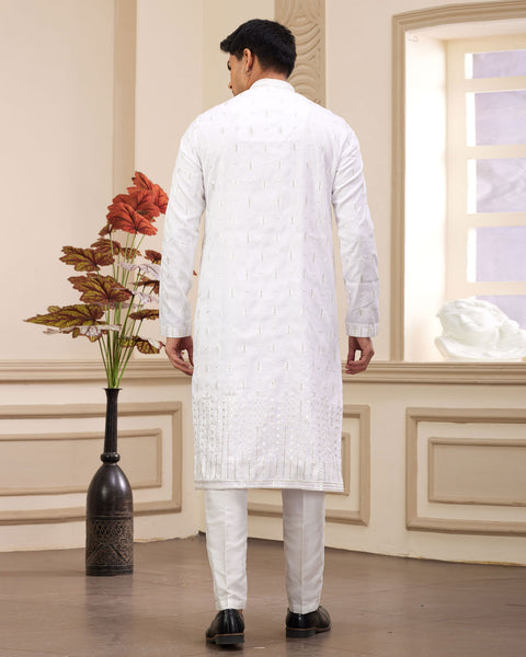 Off White Art Silk Embroidered Readymade Men Kurta Pajama Set