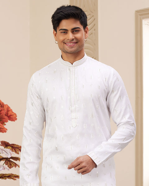 Off White Art Silk Embroidered Readymade Men Kurta Pajama Set