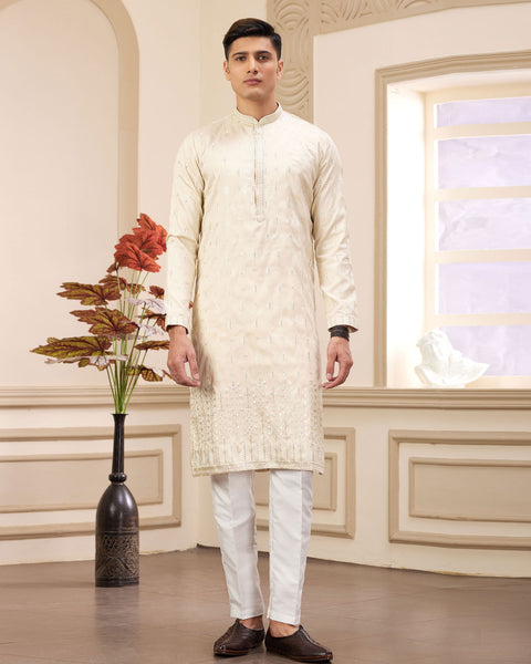 Beige Art Silk Embroidered Readymade Men Kurta Pajama Set