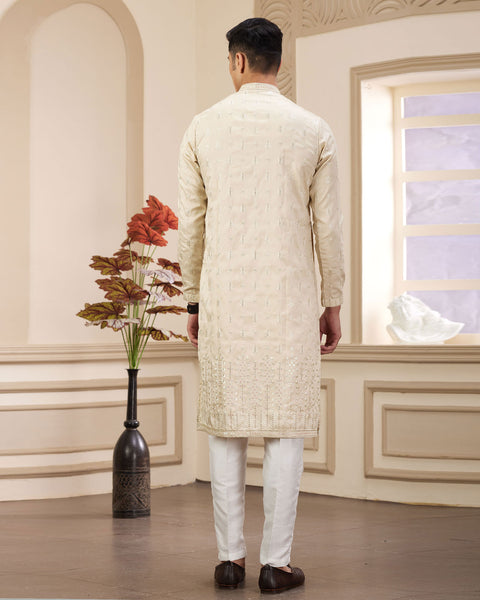Beige Art Silk Embroidered Readymade Men Kurta Pajama Set