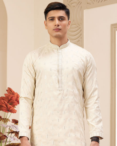 Beige Art Silk Embroidered Readymade Men Kurta Pajama Set