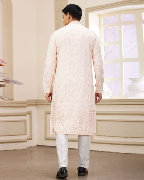 Pink Art Silk Embroidered Readymade Men Kurta Pajama Set