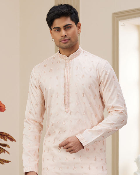 Pink Art Silk Embroidered Readymade Men Kurta Pajama Set