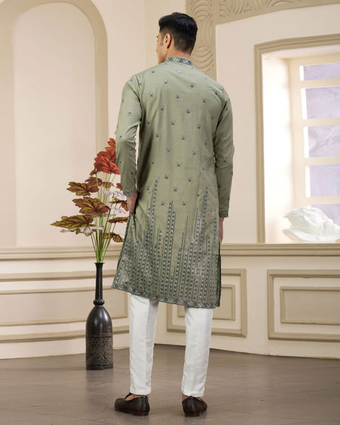 Green Art Silk Embroidered Readymade Men Kurta Pajama Set