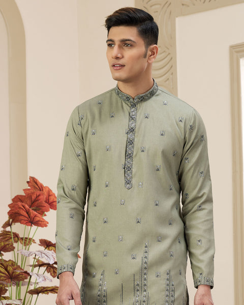 Green Art Silk Embroidered Readymade Men Kurta Pajama Set
