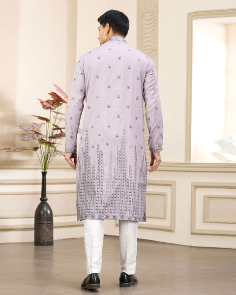 Purple Art Silk Embroidered Readymade Men Kurta Pajama Set