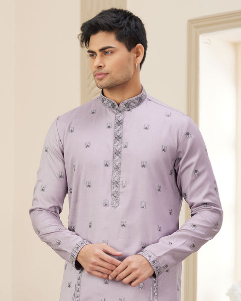 Purple Art Silk Embroidered Readymade Men Kurta Pajama Set