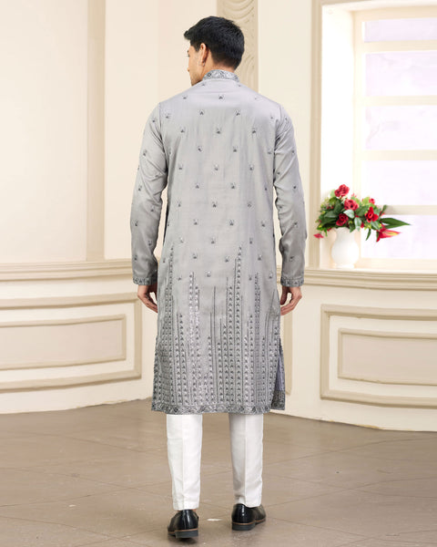 Grey Art Silk Embroidered Readymade Men Kurta Pajama Set